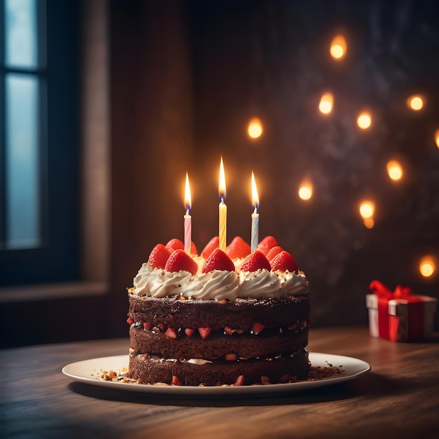 un pastel de cumpleaños con velas que dicen "feliz cumpleaños" en la parte superior