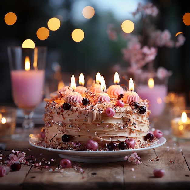 Pastel de cumpleaños con velas sobre fondo borroso rosado