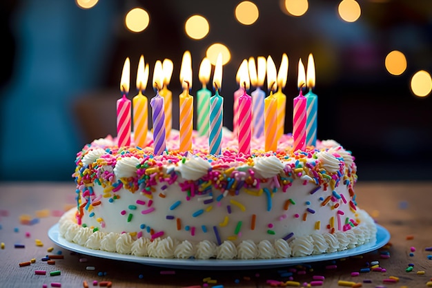 Un pastel de cumpleaños con velas con una vela encendida encima.