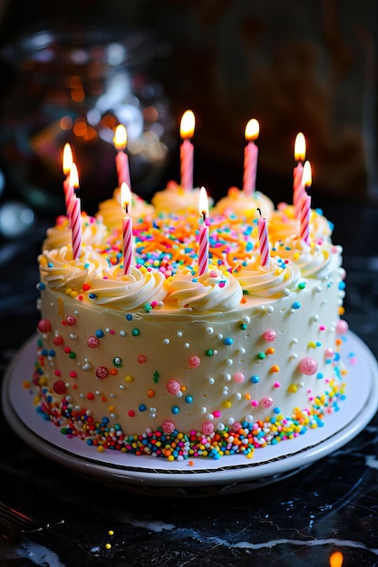 Foto un pastel de cumpleaños con velas en él