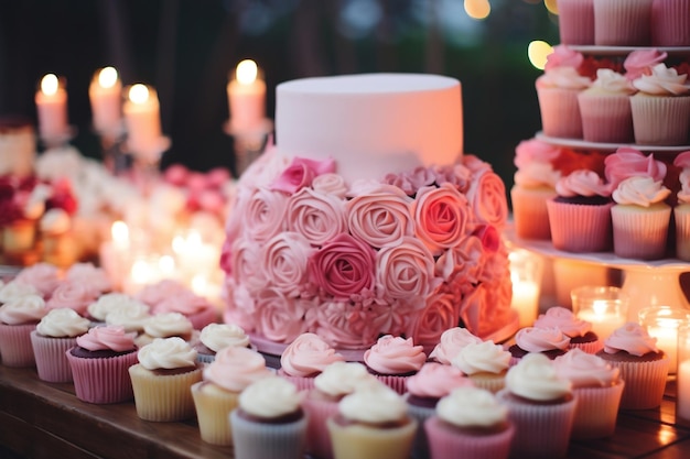 Pastel, cupcakes y flores en la mesa de postres