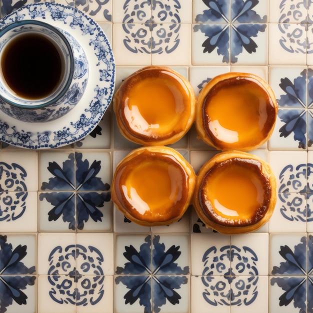 Foto pastel da nata sobremesas tradicionais portuguesas com uma chávena de café no fundo azulejo