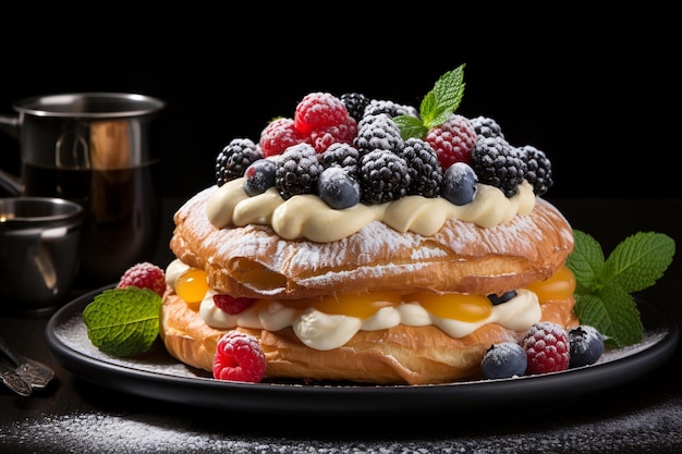 Pastel danés dorado con capas escamosas y relleno de frutas