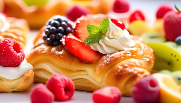 pastel danés escamoso con crema de Chantilly y fruta fresca en la parte superior