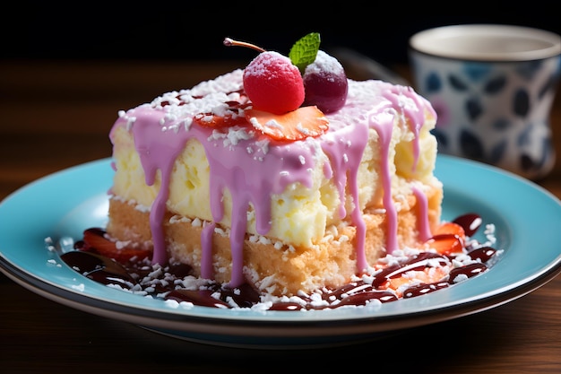 Pastel de Elote-Biskuitkuchen ohne Mais, serviert auf einem bunten Teller