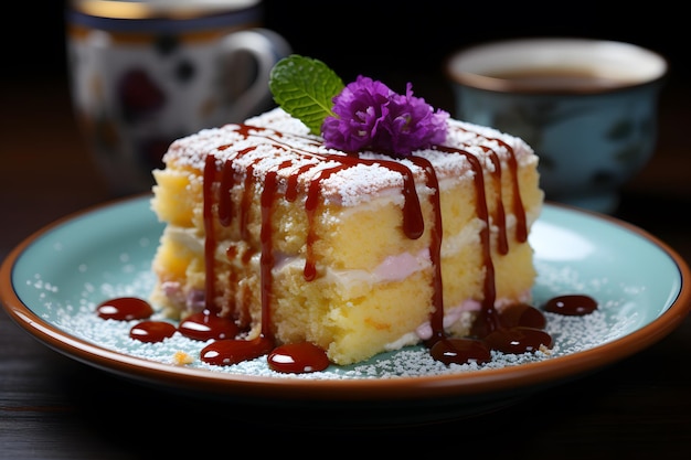 Pastel de Elote-Biskuitkuchen ohne Mais, serviert auf einem bunten Teller