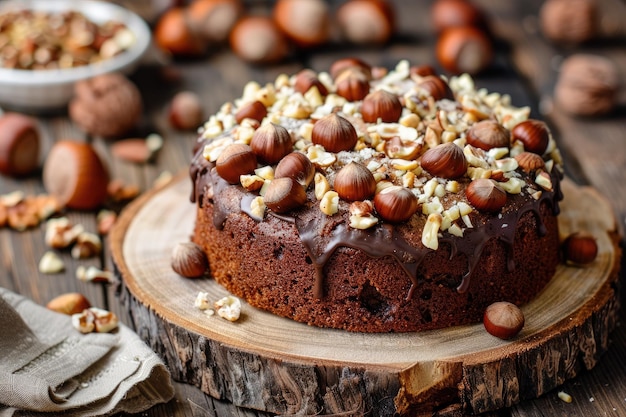 Pastel decadente con glaseado de queso crema y una generosa cubierta de nueces mixtas en una rústica mesa de madera