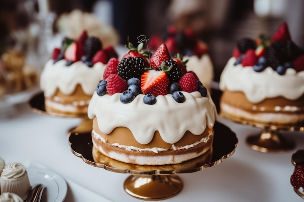 Pastel decorado con bayas frescas y crema batida enfoque selectivo Pasteles dulces y sabrosos con bayas y cream en la mesa de postre en la fiesta de bodas AI Generado