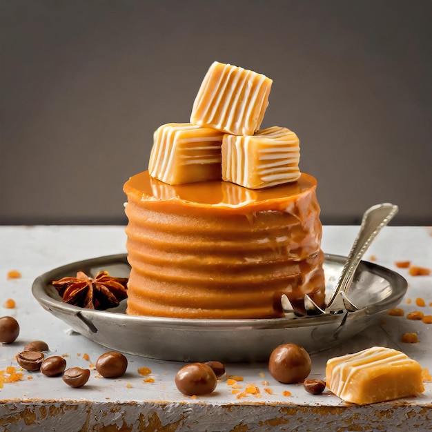 Pastel decorado con glaseado de caramelo y cubos de caramello Celebración del día del caramelo