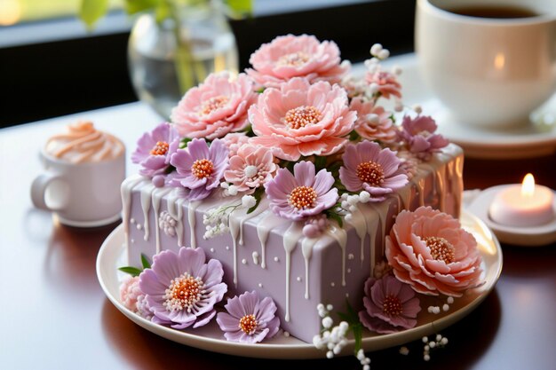 Pastel con delicadas flores de crema preparado para el día de la madre o el cumpleaños de la madre