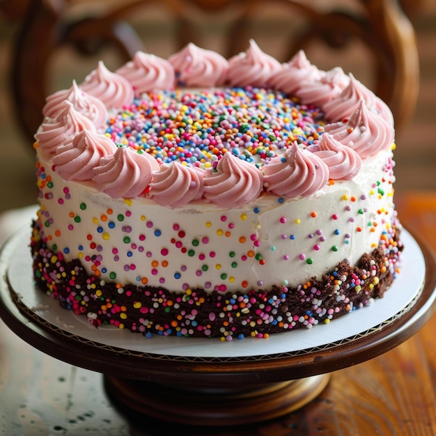 Foto un pastel delicioso con glaseado rosa y salpicaduras de arco iris