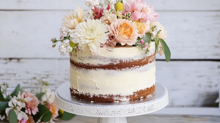 Un pastel desnudo decorado con flores
