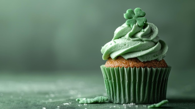 Pastel del Día de Patricio con glaseado verde y un trébol sobre un fondo verde