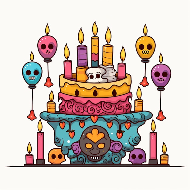 un pastel de dibujos animados con velas y calaveras encima ai generativo