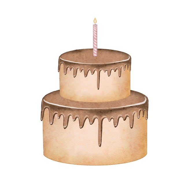 Pastel de dos pisos con glaseado de chocolate en acuarela ilustración de alta calidad sobre un fondo blanco