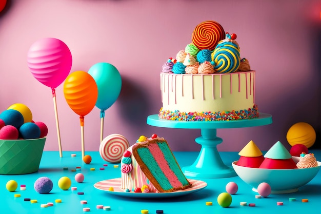 Pastel y dulces en la mesa en la fiesta de cumpleaños en colores brillantes