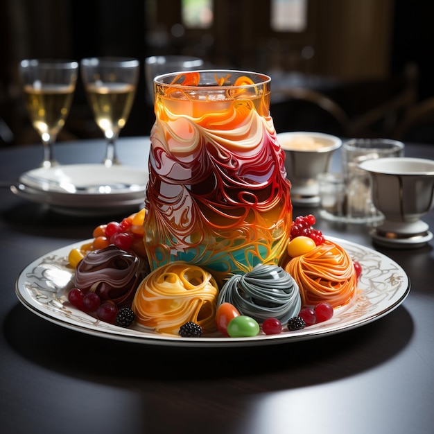 Un pastel con dulces se sienta en un plato con copas de vino.