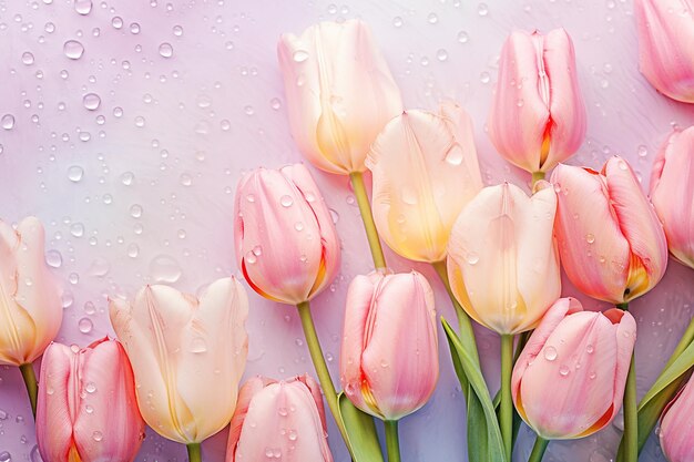 Pastel Elegance TopView Tulipanes con gotas de agua