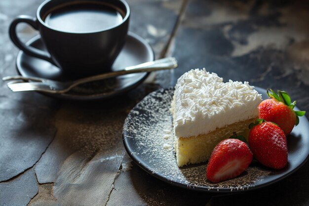 Pastel de esponja en forma de corazón con fresa y una taza de café