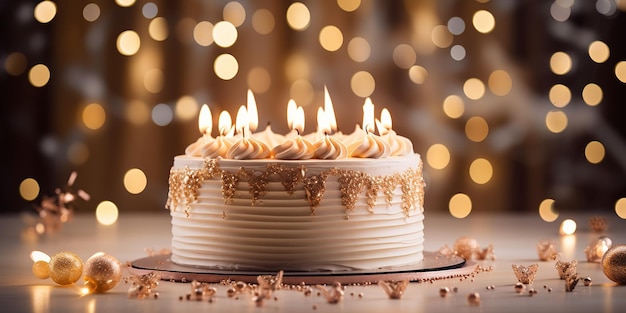 Pastel de feliz cumpleaños con velas en el fondo de guirnaldas a