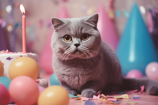 Pastel de fiesta de cumpleaños de gato con velas Lugar de postal para texto imagen en colores pastel generada por IA