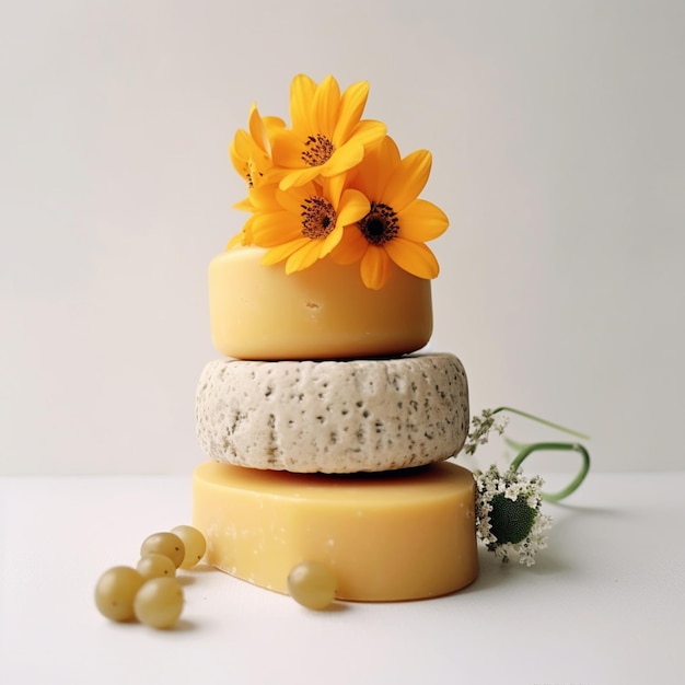 un pastel con flores amarillas y un trozo de queso de forma cuadrada.