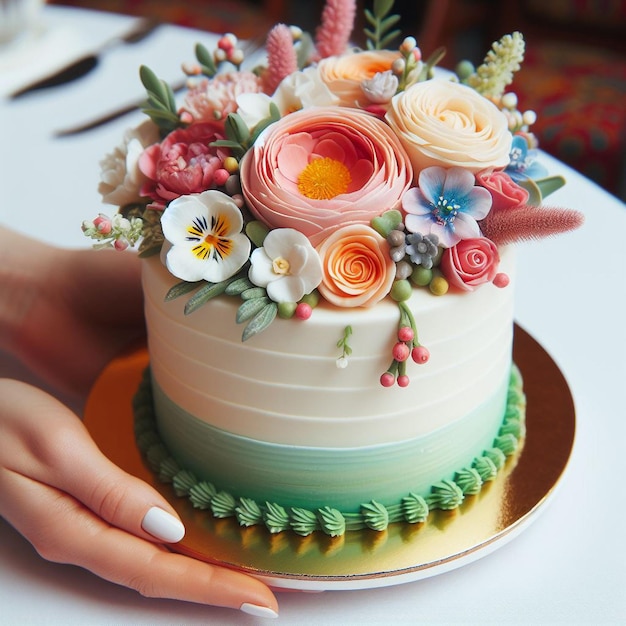 Foto un pastel con flores en él está decorado con una mano sosteniendo un plato con un arreglo de flores