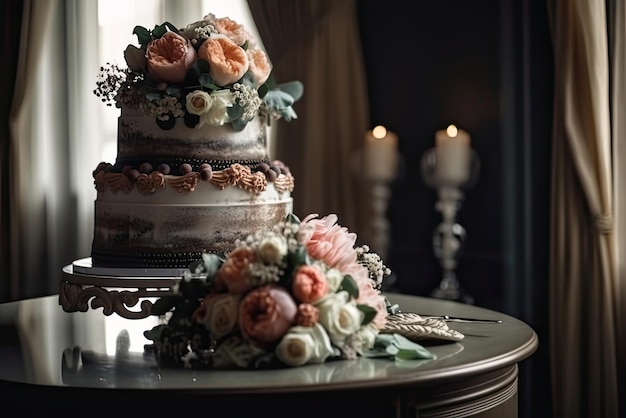 Un pastel con flores está sobre una mesa con un pastel encima.