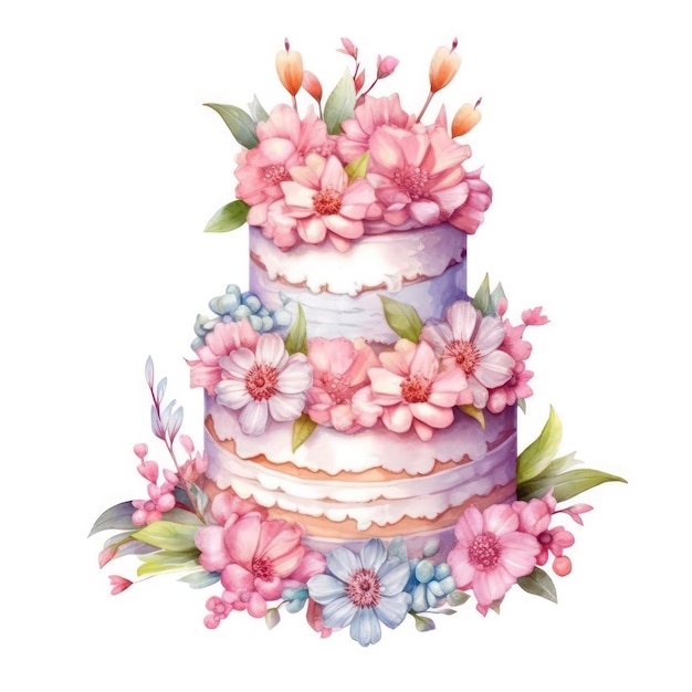 Un pastel con flores y hojas