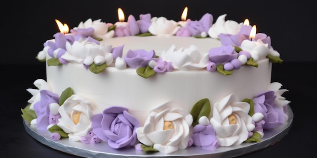 Un pastel con flores moradas con dos velas encendidas.