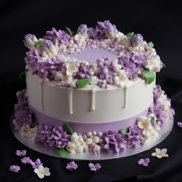 Un pastel con flores moradas y hojas verdes.