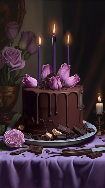 Un pastel con flores moradas y una vela encima.