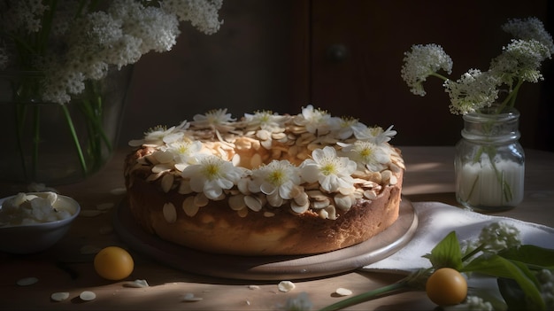 Un pastel con flores y un pastel con almendras