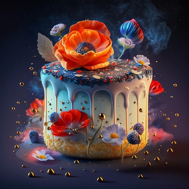 Un pastel con flores y un pastel con un arándano