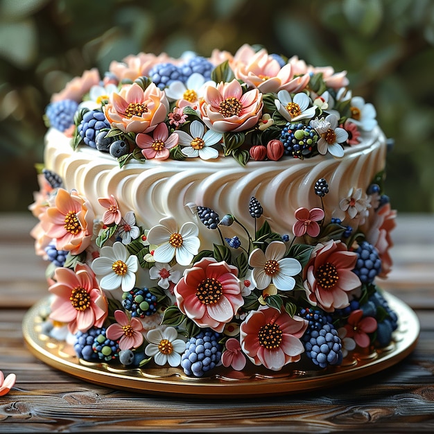 un pastel con flores y un pastel en un plato