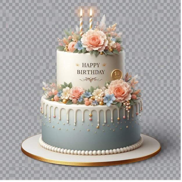 un pastel con flores rosas y azules en un soporte de oro