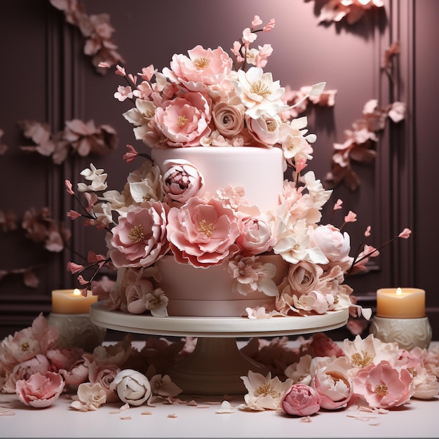 un pastel con flores rosas y blancas en una mesa