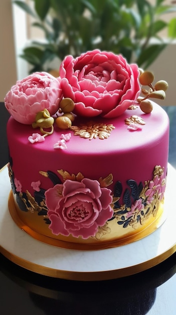 Un pastel con flores rosas y doradas.