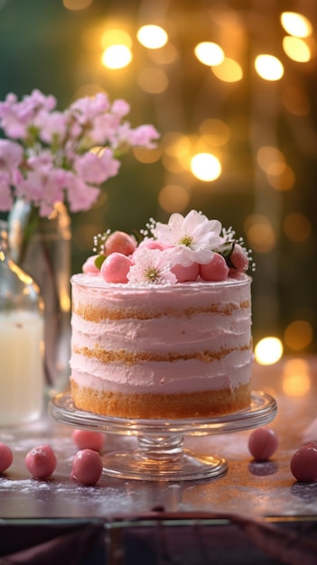 Un pastel con flores rosas sobre una mesa.