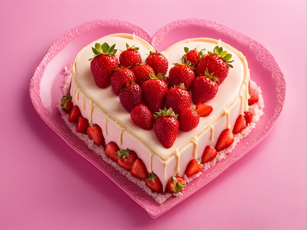 pastel en forma de corazón con glaseado de fresa y fresas