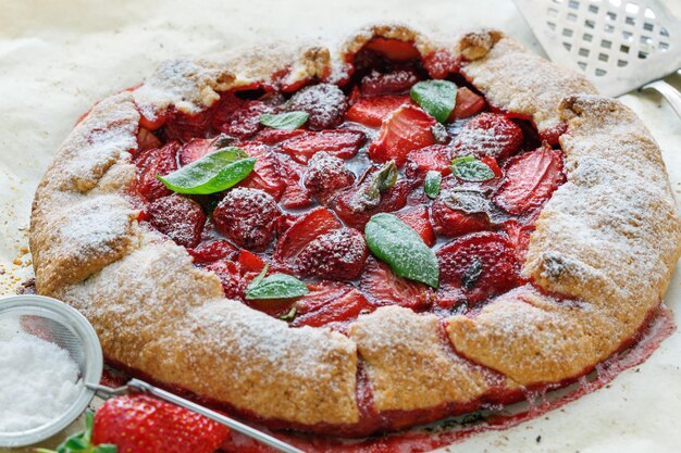 Pastel de forma libre Galette con fresas y albahaca