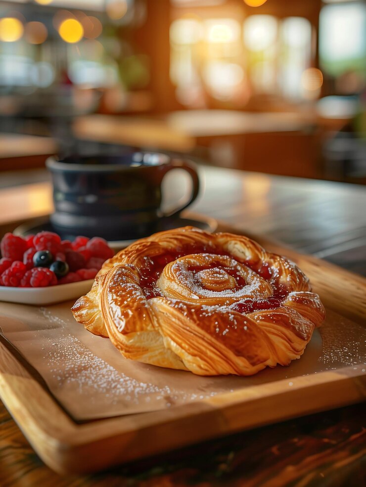 un pastel con frambuesas y una taza de café en una mesa de madera