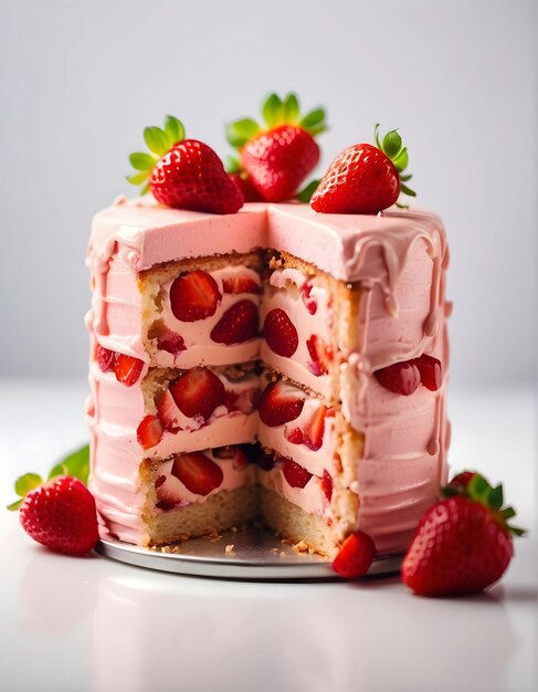 Pastel de fresa con crema batida y fresa sobre un fondo blanco