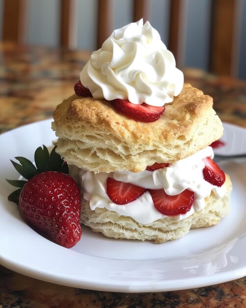 Foto pastel de fresa con crema batida en el plato