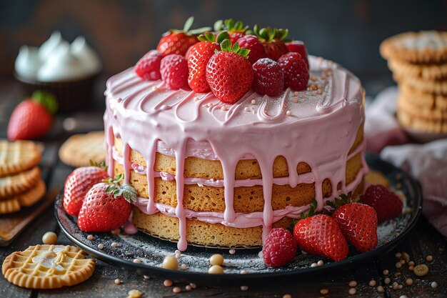 Pastel de fresa y plato con galletas ar c