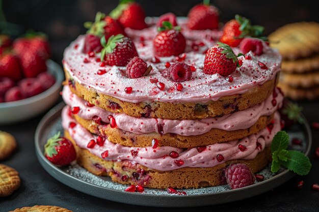 Pastel de fresa y plato con galletas ar c