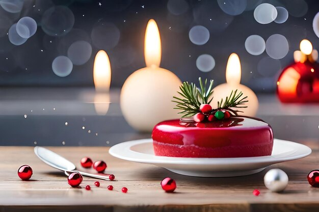 Un pastel de fresa roja con una vela en el fondo.