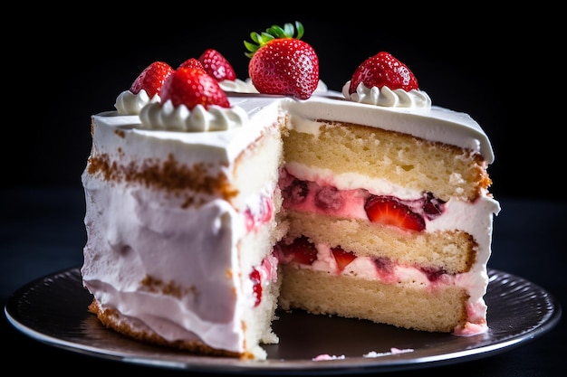 un pastel con fresas se asienta sobre un plato con un fondo negro.