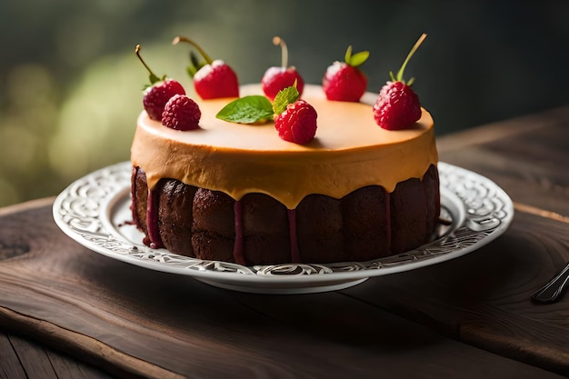 Un pastel con fresas de chocolate y vainilla se sienta en una mesa frente a una taza de café