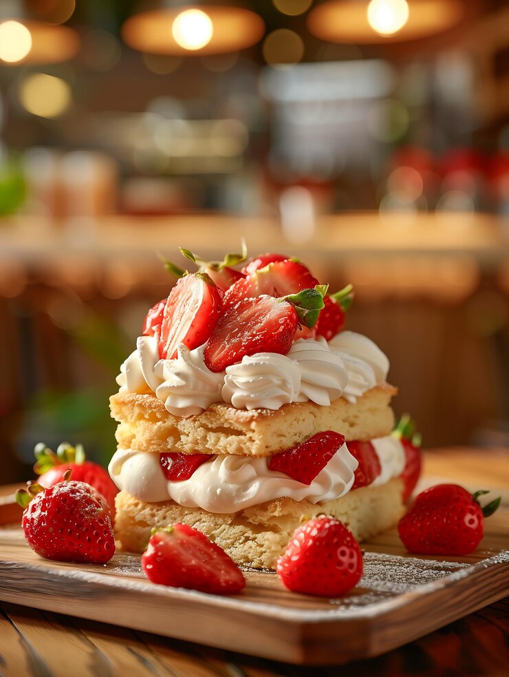 un pastel con fresas y crema encima